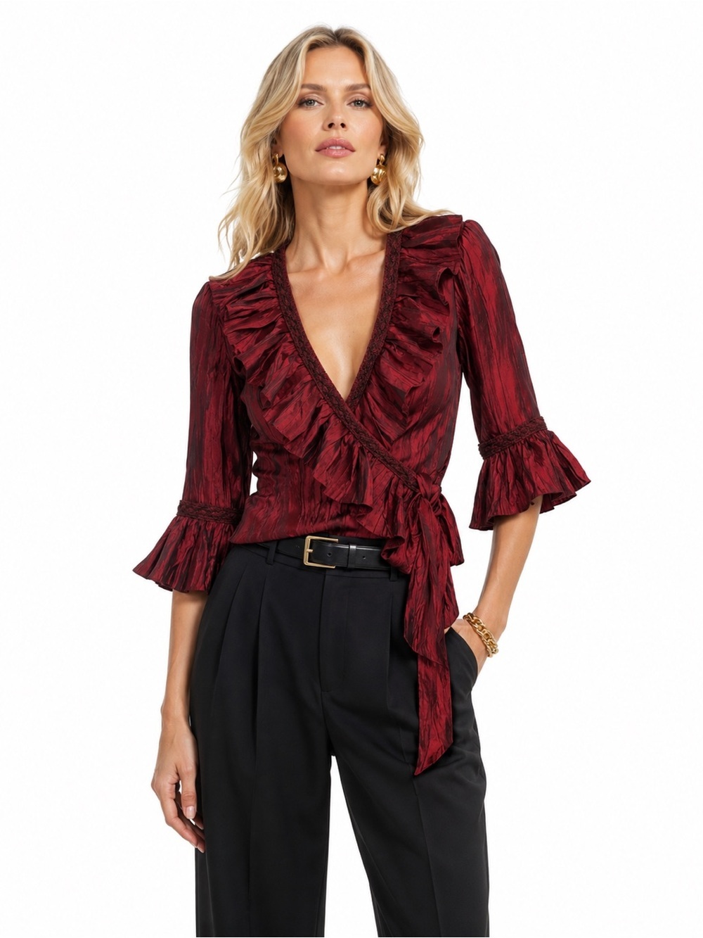 Jackie Jon Red Ruffle Wrap Top Bell Sleeve Romantic Coquette Blouse Small 4